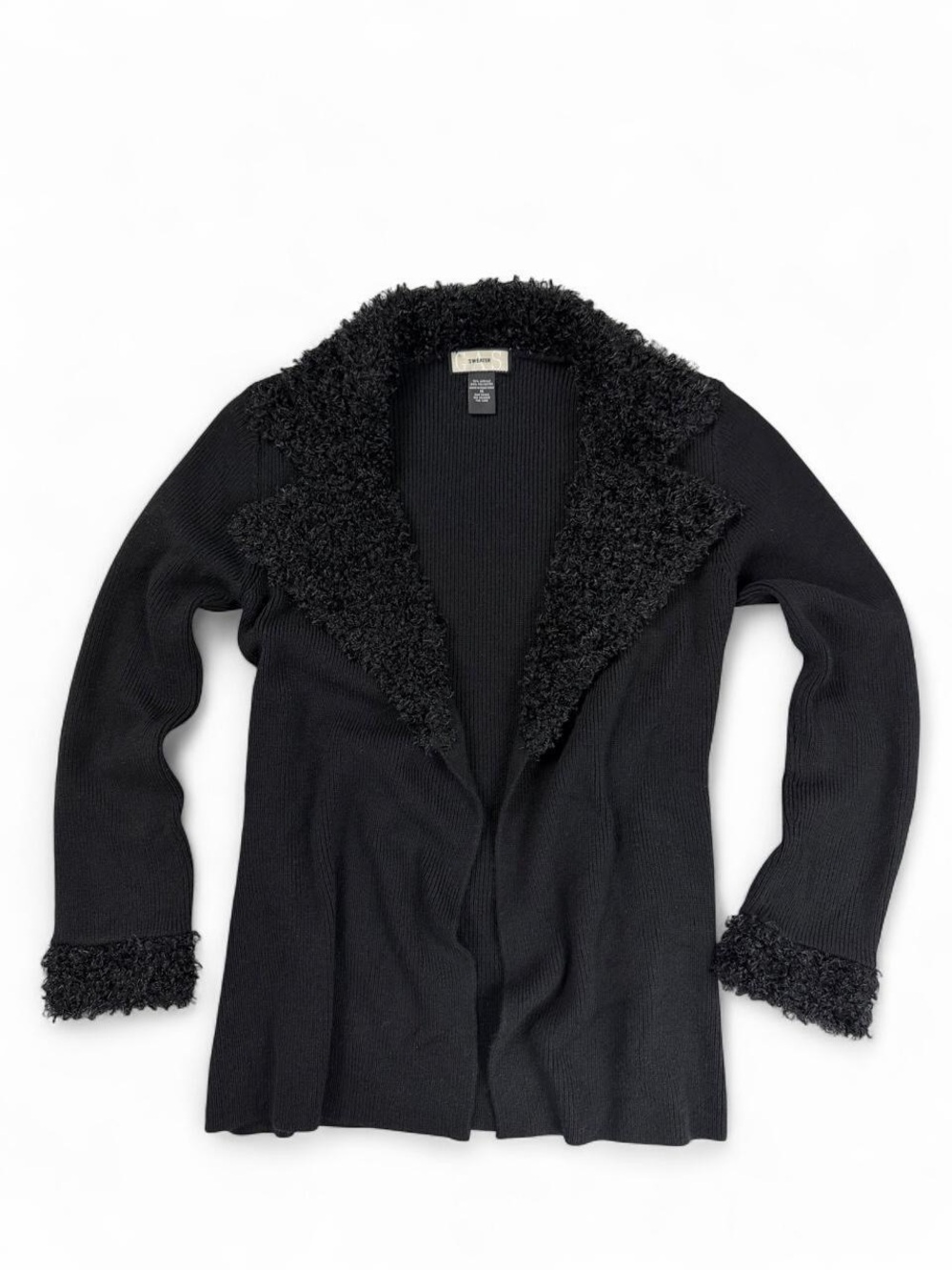 Y2K GAS Black Ribbed Open Front Cardigan Fuzzy Faux Fur Collar Size M